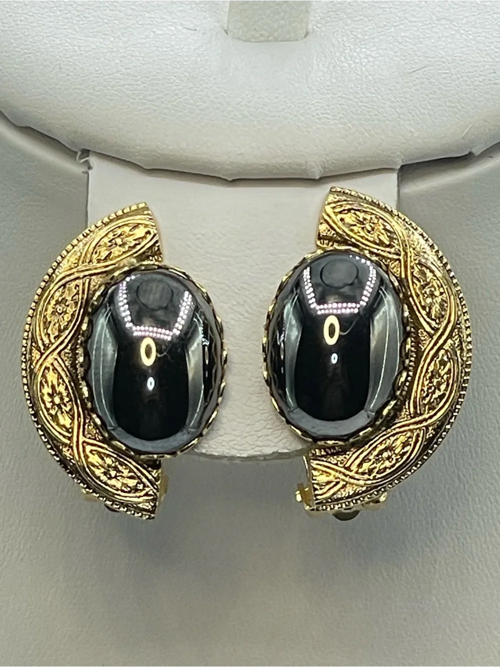 Gold Tone Hematite Cabochon Clip On Earrings Ornate Vintage Style Statement